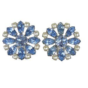 B David Earrings CLIP ON Silvertone Imitation Pearl Marquise Rhinestones Vintage
